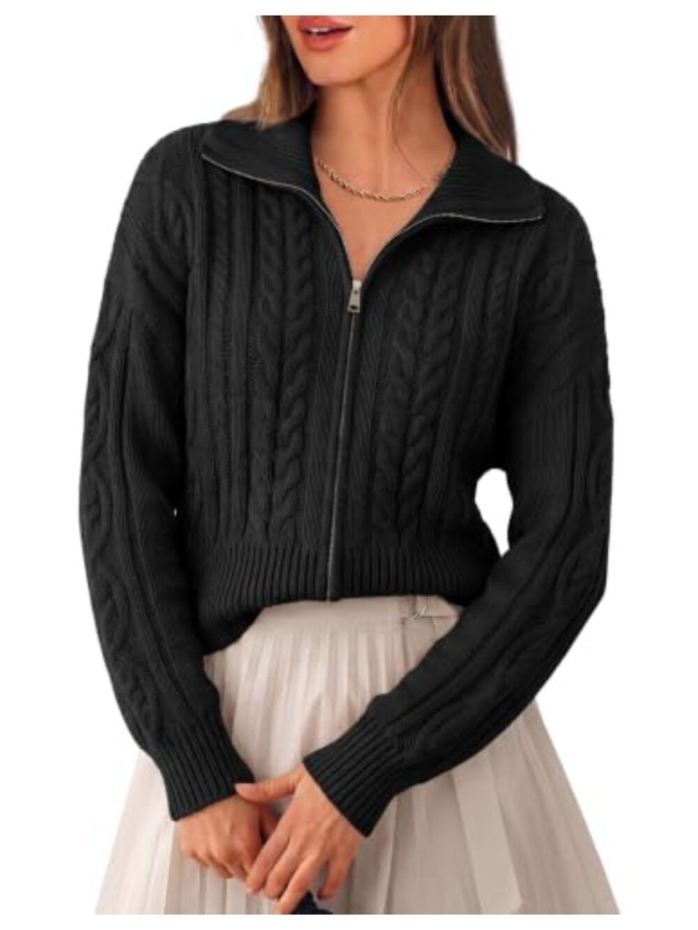 Cable Knit Cropped Cardigan Zip Up Long Sleeve Sweater
